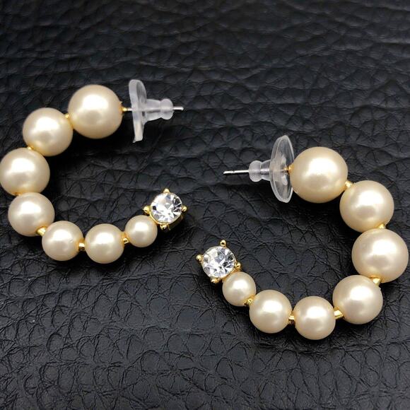 Estate Jewelry - Hoop Earrings Faux Pearl Off White Beads Clear Rhinestone Ends Gold Tone Studs